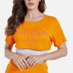 GUESS L.A. Bright Orange Crop Top Spellout Old School Sz Med Women's/Junior's